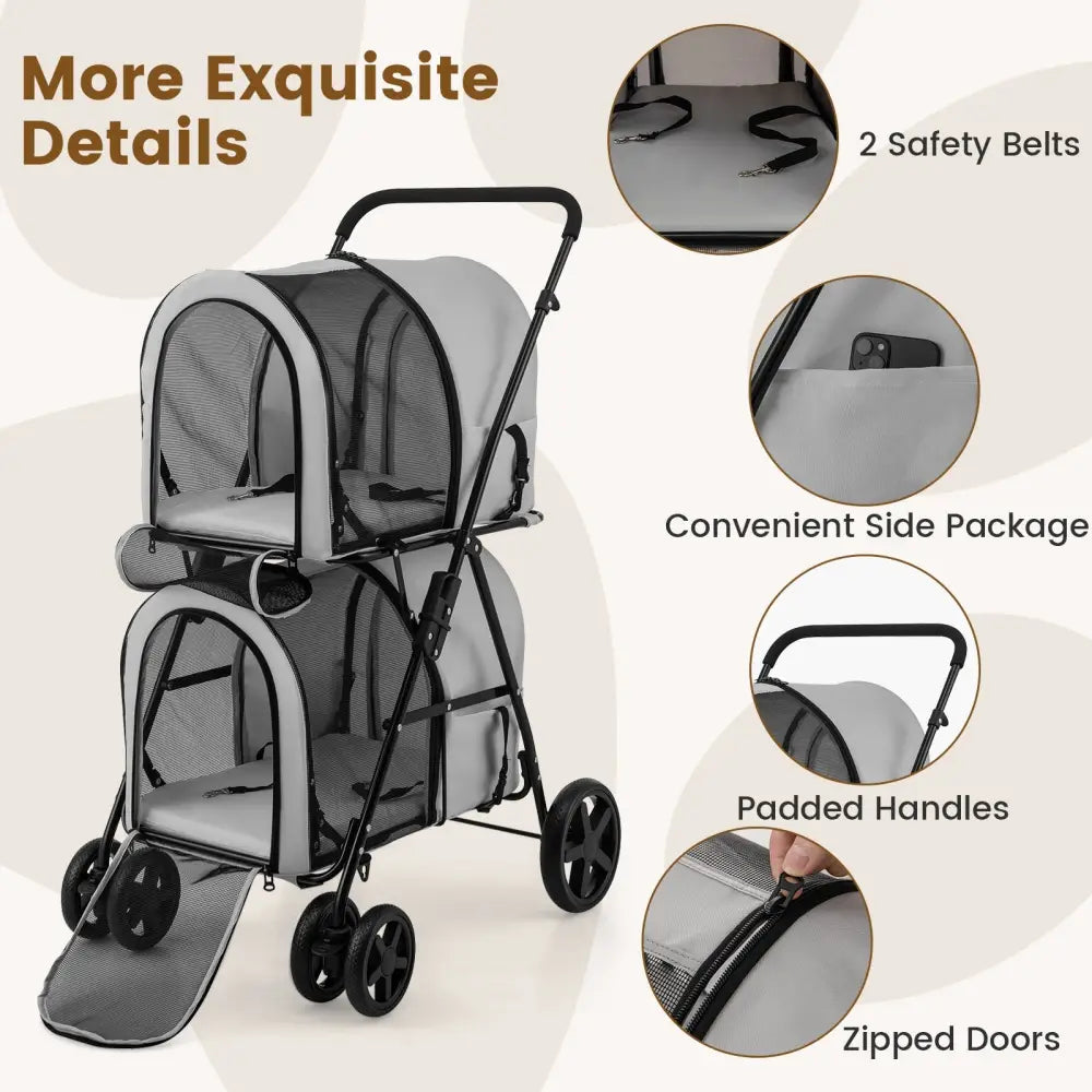 4-in-1 Double Pet Stroller with Detachable Carrier and Travel Carriage-Gray - Gray - Dog Supplies