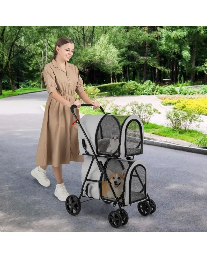 4-in-1 Double Pet Stroller with Detachable Carrier and Travel Carriage-Gray - Gray - Dog Supplies