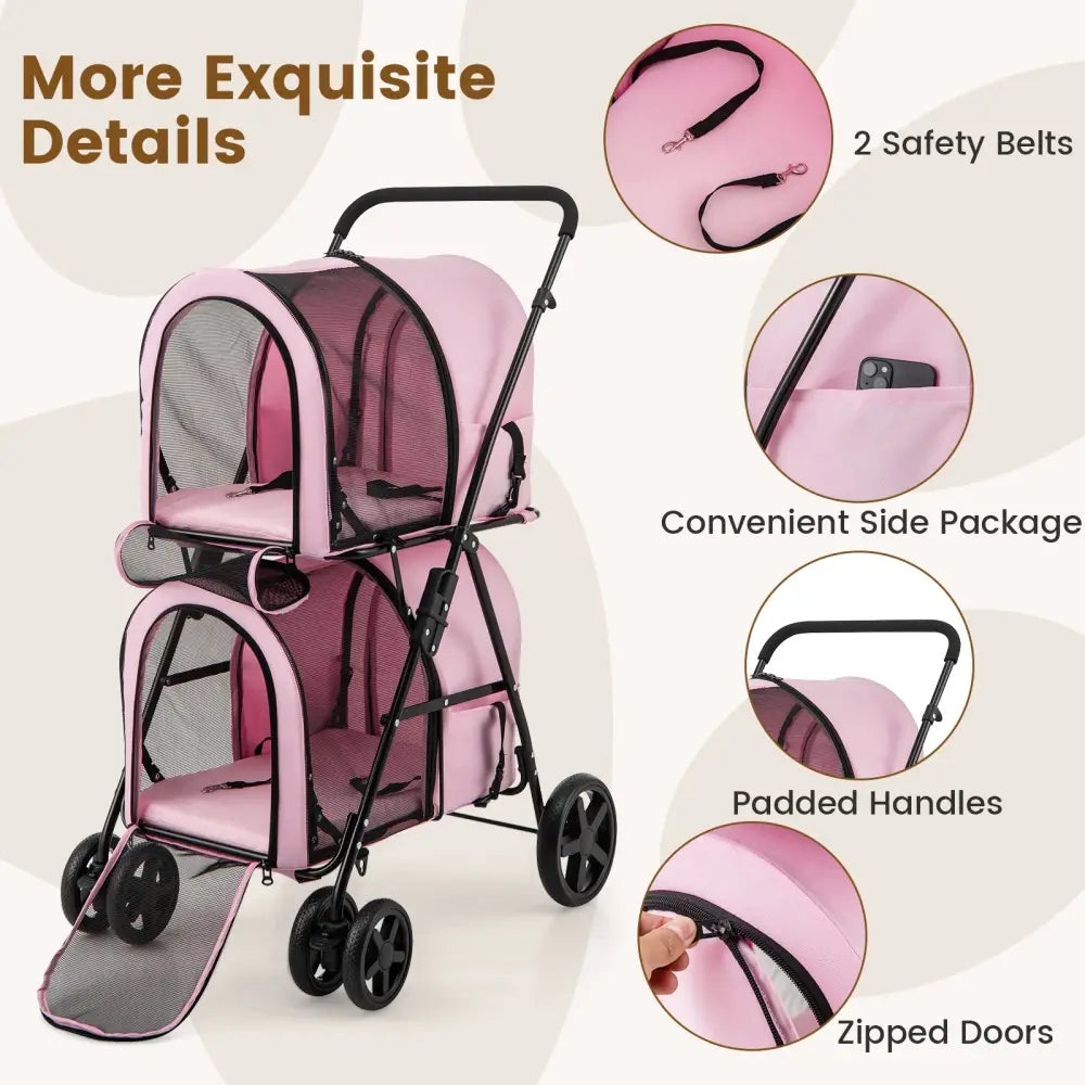4-in-1 Double Pet Stroller with Detachable Carrier and Travel Carriage-Pink - Pink - Dog Supplies