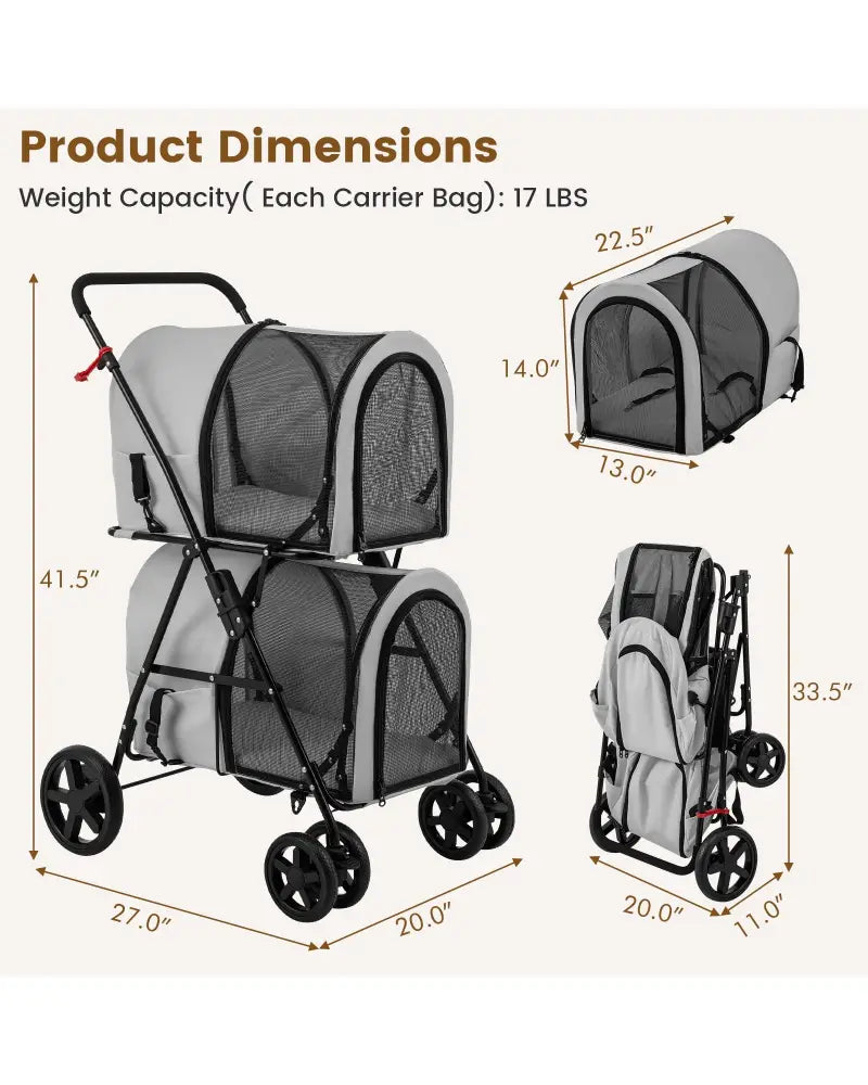 4-in-1 Double Pet Stroller with Detachable Carrier and Travel Carriage-Gray - Gray - Dog Supplies
