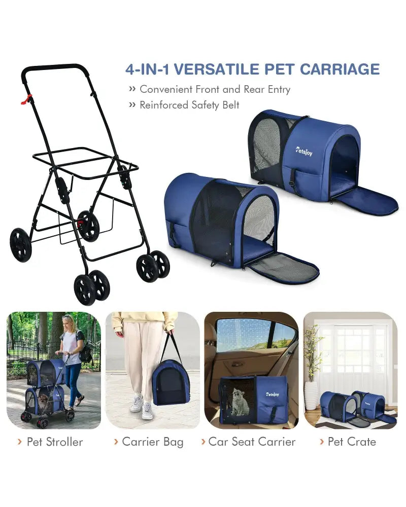 4-in-1 Double Pet Stroller with Detachable Carrier and Travel Carriage-Blue - Blue - Dog Supplies