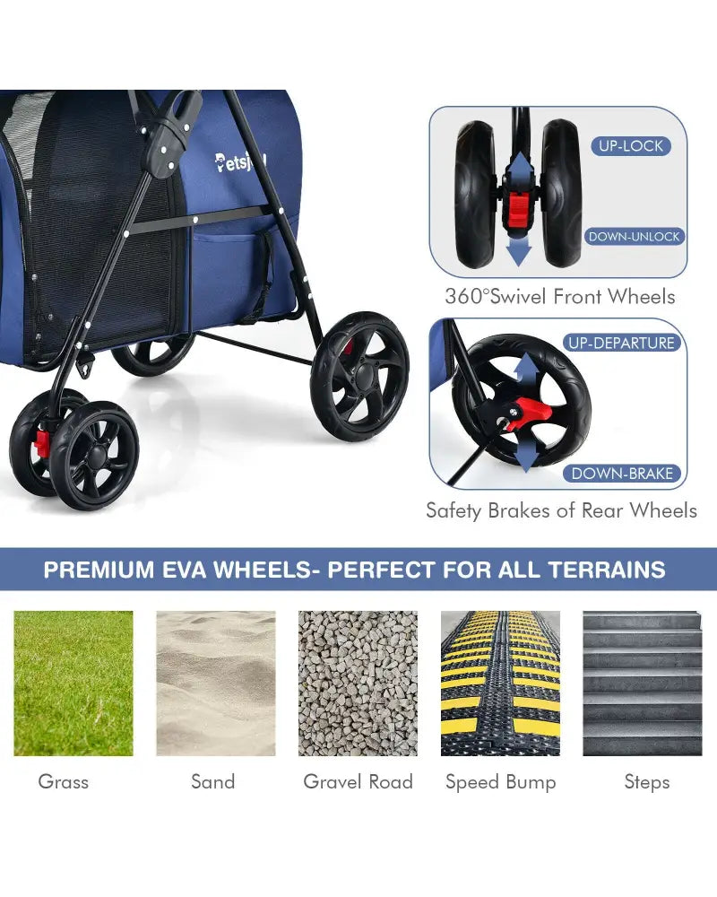 4-in-1 Double Pet Stroller with Detachable Carrier and Travel Carriage-Blue - Blue - Dog Supplies