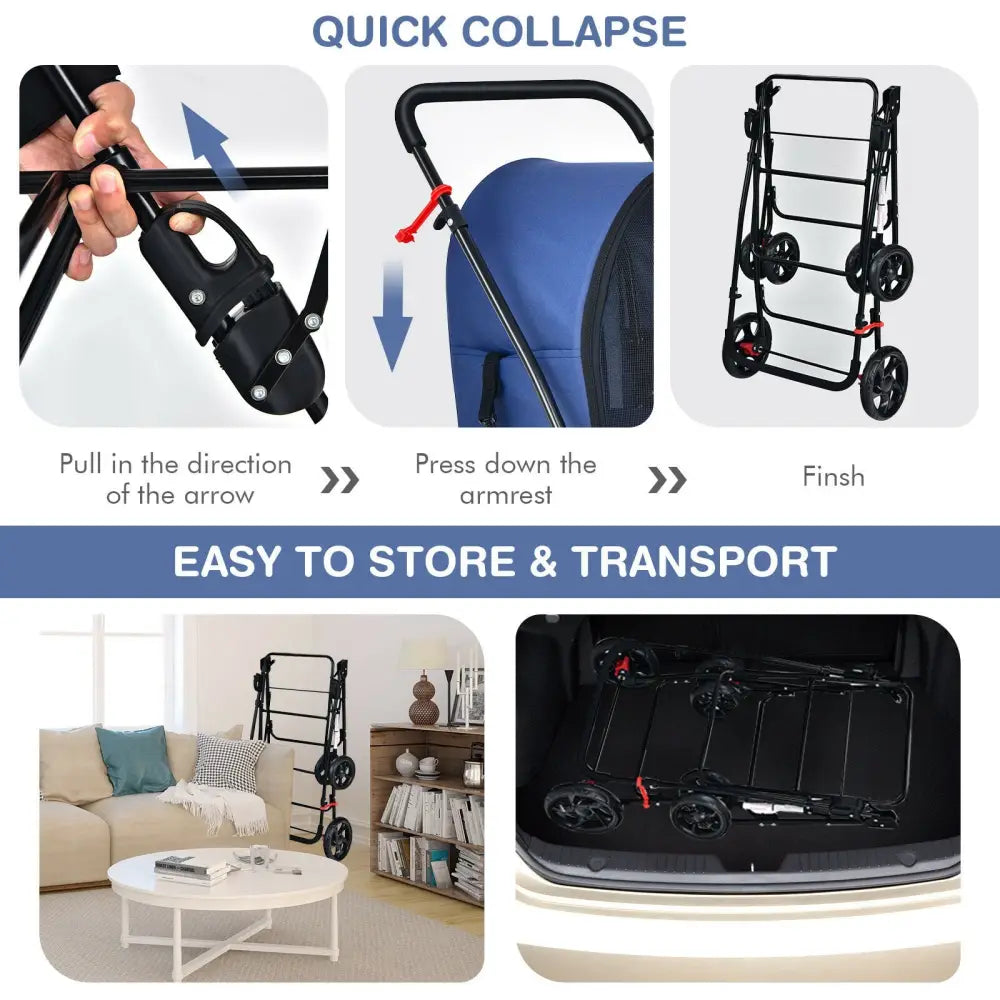 4-in-1 Double Pet Stroller with Detachable Carrier and Travel Carriage-Blue - Blue - Dog Supplies