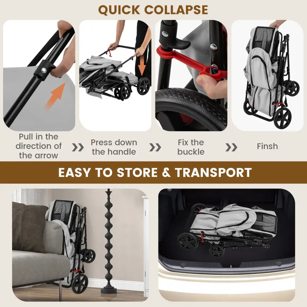 4-in-1 Double Pet Stroller with Detachable Carrier and Travel Carriage-Gray - Gray - Dog Supplies