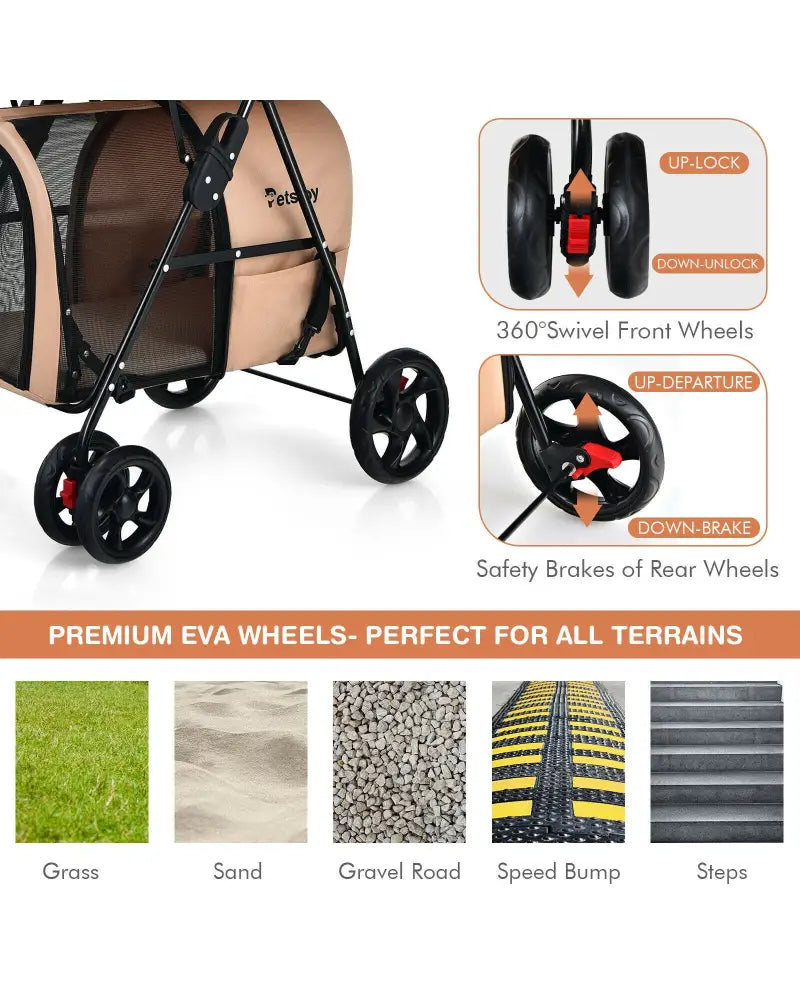 4-in-1 Double Pet Stroller with Detachable Carrier and Travel Carriage-Beige - Beige - Dog Supplies