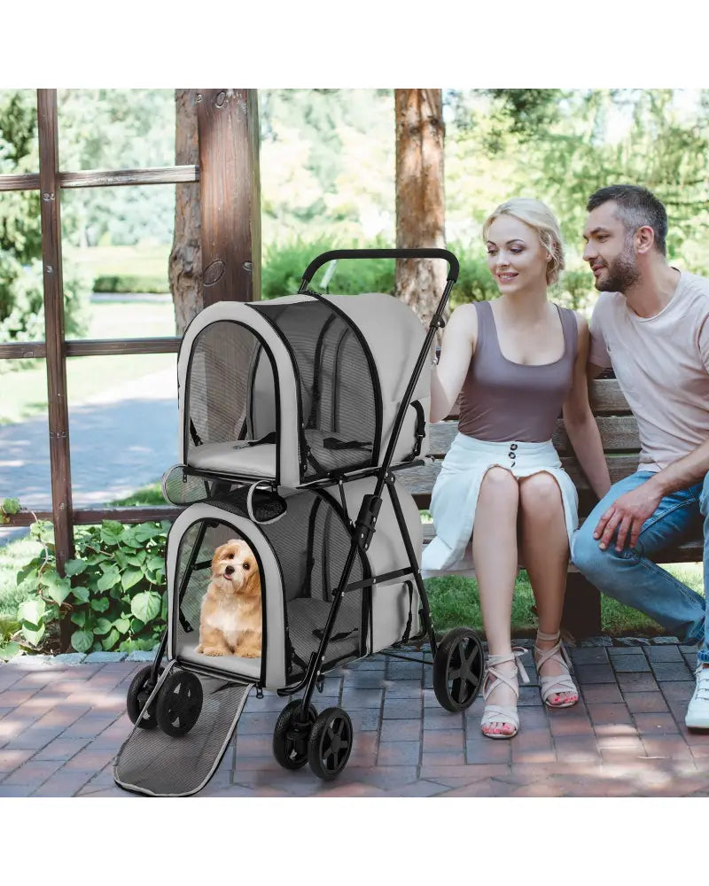 4-in-1 Double Pet Stroller with Detachable Carrier and Travel Carriage-Gray - Gray - Dog Supplies