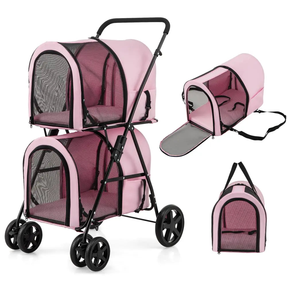 4-in-1 Double Pet Stroller with Detachable Carrier and Travel Carriage-Pink - Pink - Dog Supplies