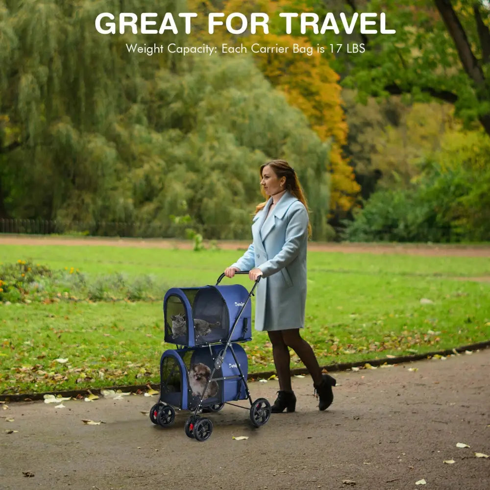4-in-1 Double Pet Stroller with Detachable Carrier and Travel Carriage-Blue - Blue - Dog Supplies