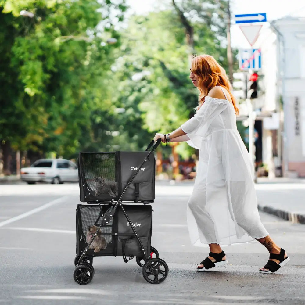 4-in-1 Double Pet Stroller with Detachable Carrier and Travel Carriage-Black - Black - Dog Supplies