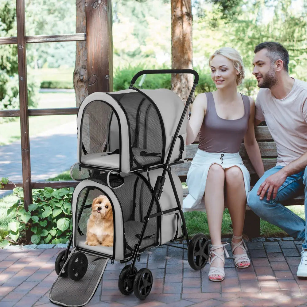 4-in-1 Double Pet Stroller with Detachable Carrier and Travel Carriage-Gray - Gray - Dog Supplies