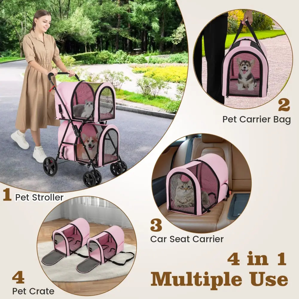 4-in-1 Double Pet Stroller with Detachable Carrier and Travel Carriage-Pink - Pink - Dog Supplies