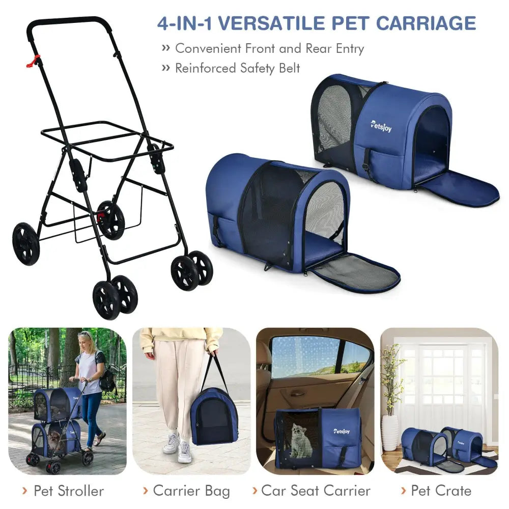 4-in-1 Double Pet Stroller with Detachable Carrier and Travel Carriage-Blue - Blue - Dog Supplies