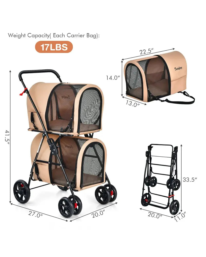 4-in-1 Double Pet Stroller with Detachable Carrier and Travel Carriage-Beige - Beige - Dog Supplies