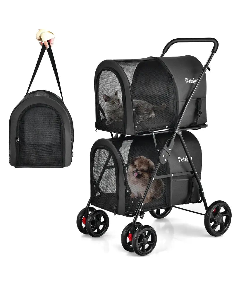4-in-1 Double Pet Stroller with Detachable Carrier and Travel Carriage-Black - Black - Dog Supplies