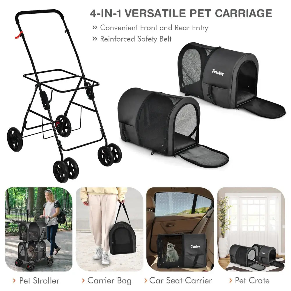 4-in-1 Double Pet Stroller with Detachable Carrier and Travel Carriage-Black - Black - Dog Supplies