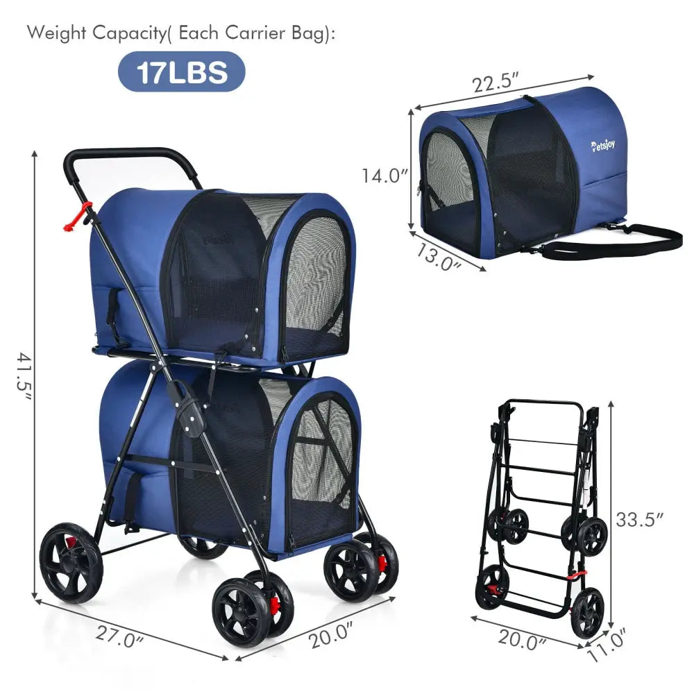 4-in-1 Double Pet Stroller with Detachable Carrier and Travel Carriage-Blue - Blue - Dog Supplies