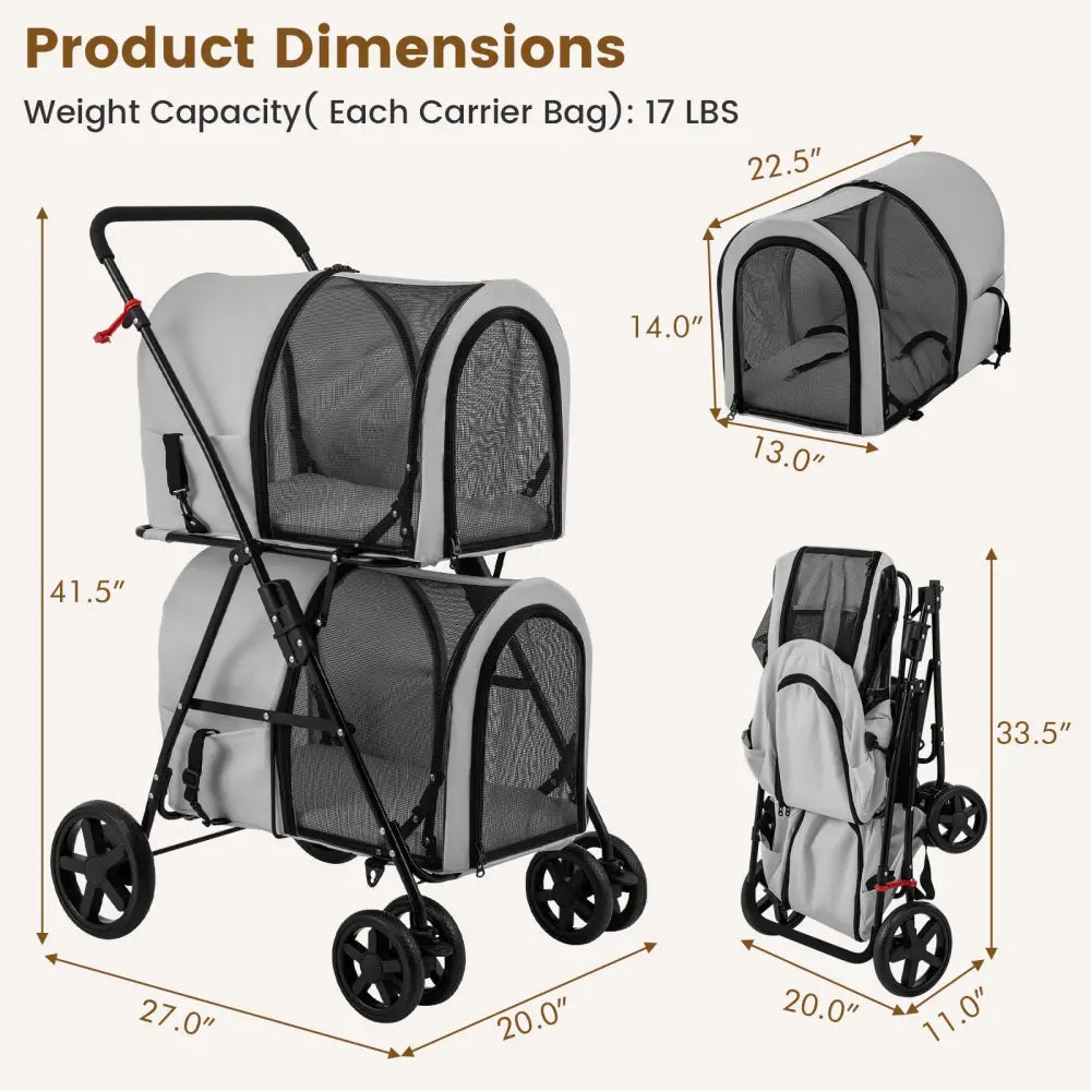 4-in-1 Double Pet Stroller with Detachable Carrier and Travel Carriage-Gray - Gray - Dog Supplies