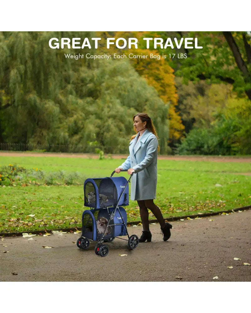 4-in-1 Double Pet Stroller with Detachable Carrier and Travel Carriage-Blue - Blue - Dog Supplies
