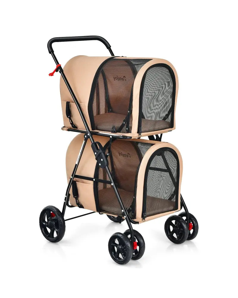 4-in-1 Double Pet Stroller with Detachable Carrier and Travel Carriage-Beige - Beige - Dog Supplies