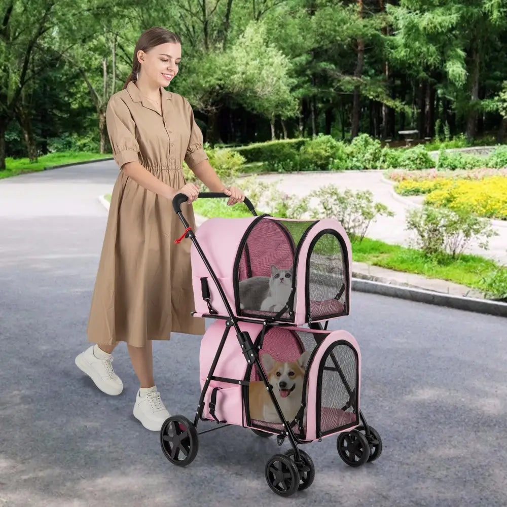 4-in-1 Double Pet Stroller with Detachable Carrier and Travel Carriage-Pink - Pink - Dog Supplies