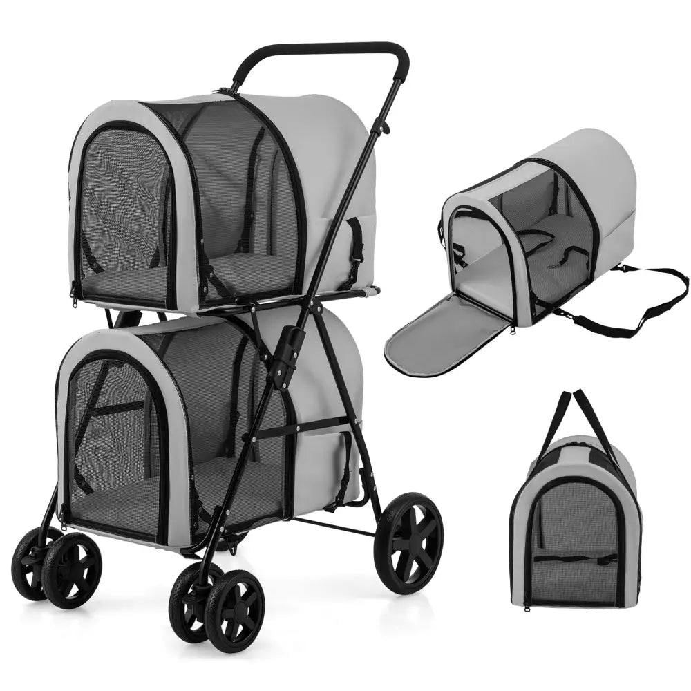 4-in-1 Double Pet Stroller with Detachable Carrier and Travel Carriage-Gray - Gray - Dog Supplies