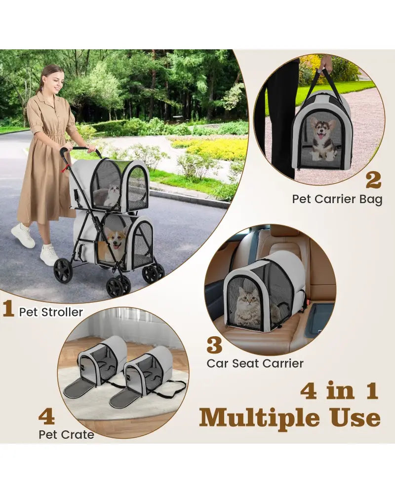 4-in-1 Double Pet Stroller with Detachable Carrier and Travel Carriage-Gray - Gray - Dog Supplies