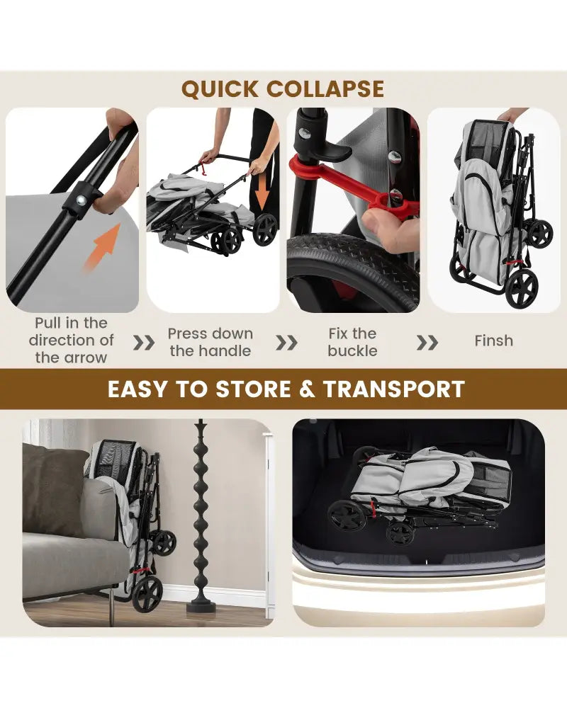 4-in-1 Double Pet Stroller with Detachable Carrier and Travel Carriage-Gray - Gray - Dog Supplies