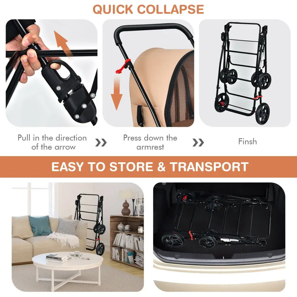 4-in-1 Double Pet Stroller with Detachable Carrier and Travel Carriage-Beige - Beige - Dog Supplies