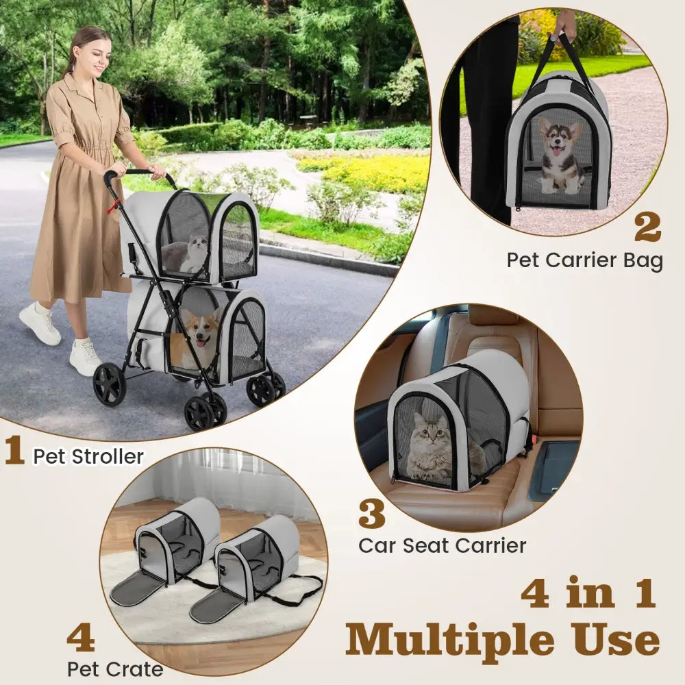 4-in-1 Double Pet Stroller with Detachable Carrier and Travel Carriage-Gray - Gray - Dog Supplies
