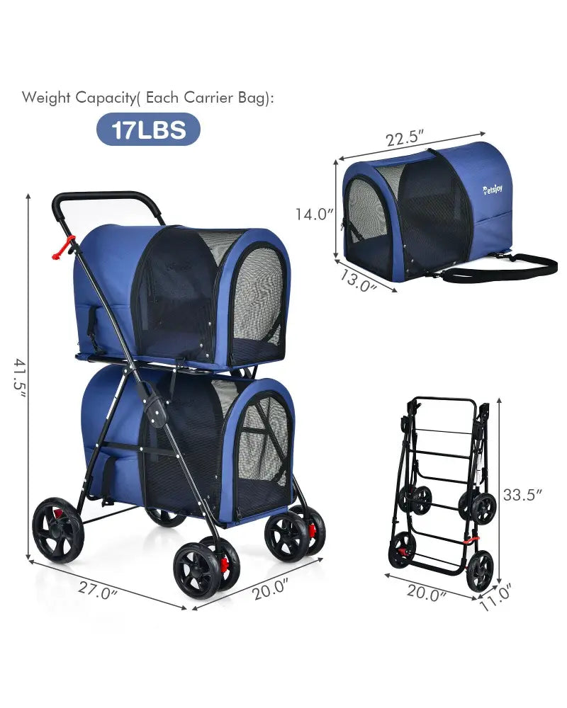 4-in-1 Double Pet Stroller with Detachable Carrier and Travel Carriage-Blue - Blue - Dog Supplies