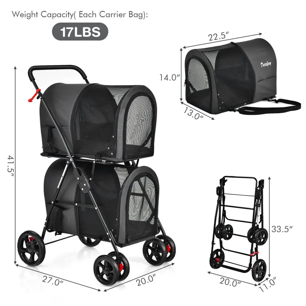 4-in-1 Double Pet Stroller with Detachable Carrier and Travel Carriage-Black - Black - Dog Supplies
