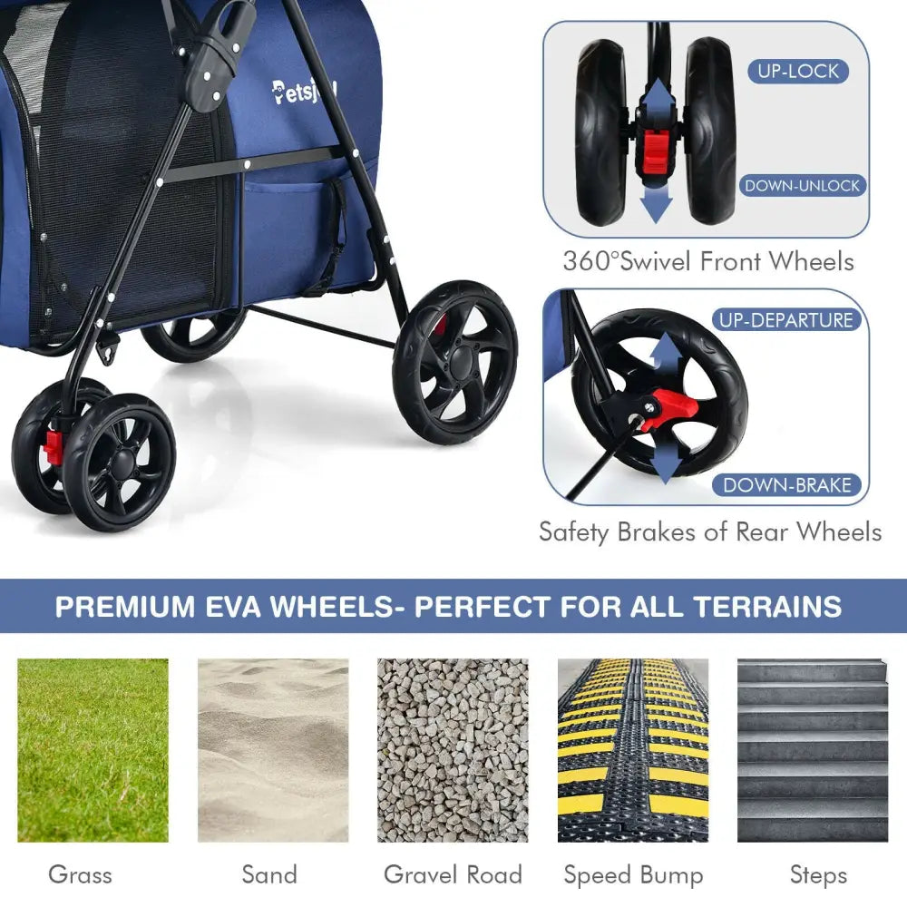 4-in-1 Double Pet Stroller with Detachable Carrier and Travel Carriage-Blue - Blue - Dog Supplies
