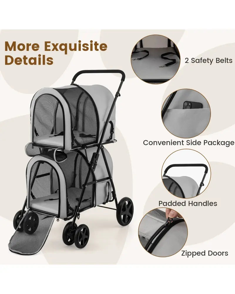 4-in-1 Double Pet Stroller with Detachable Carrier and Travel Carriage-Gray - Gray - Dog Supplies