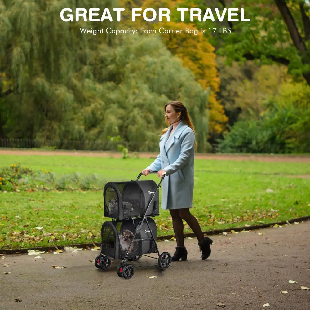 4-in-1 Double Pet Stroller with Detachable Carrier and Travel Carriage-Black - Black - Dog Supplies