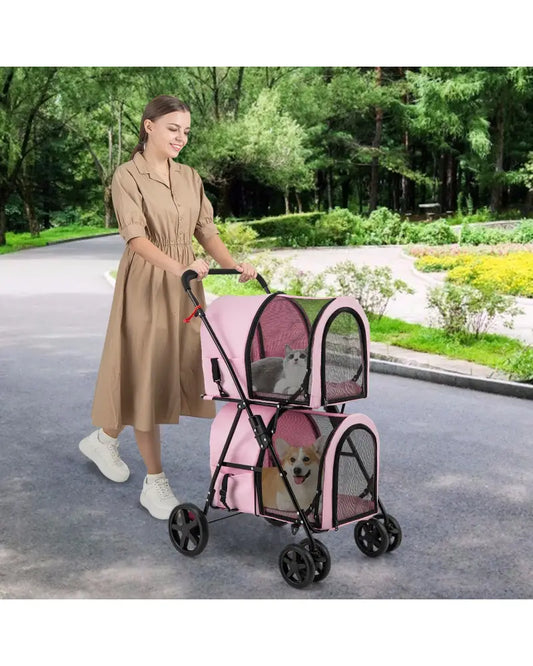 4-in-1 Double Pet Stroller with Detachable Carrier and Travel Carriage-Pink - Pink - Dog Supplies