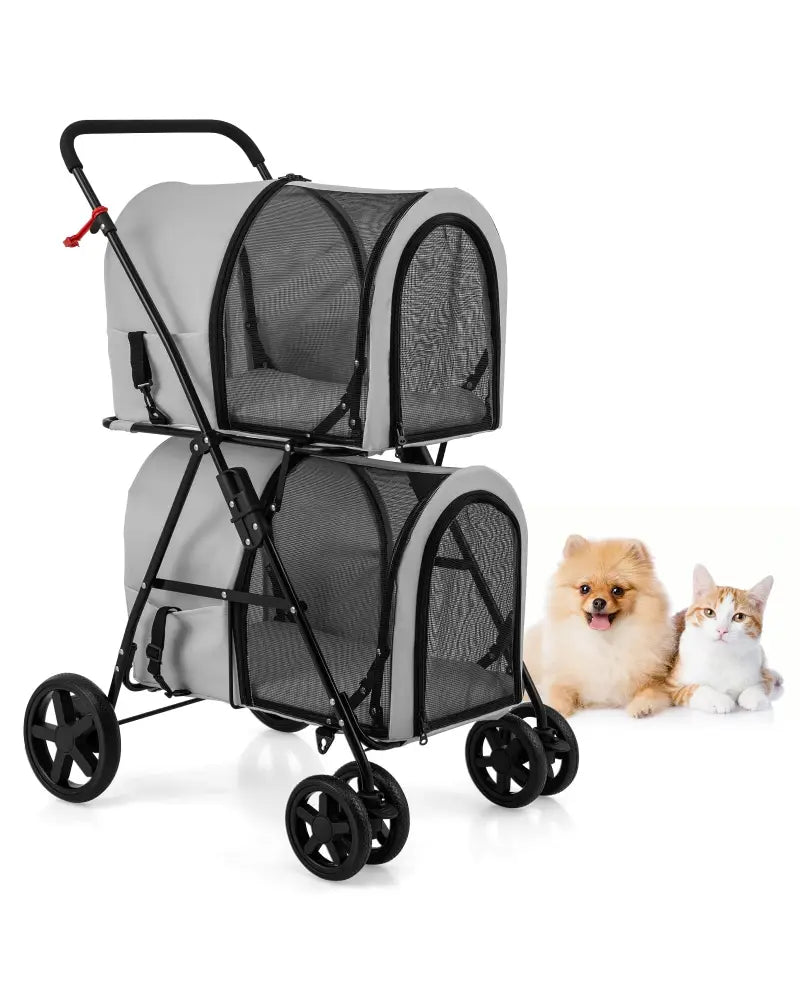 4-in-1 Double Pet Stroller with Detachable Carrier and Travel Carriage-Gray - Gray - Dog Supplies