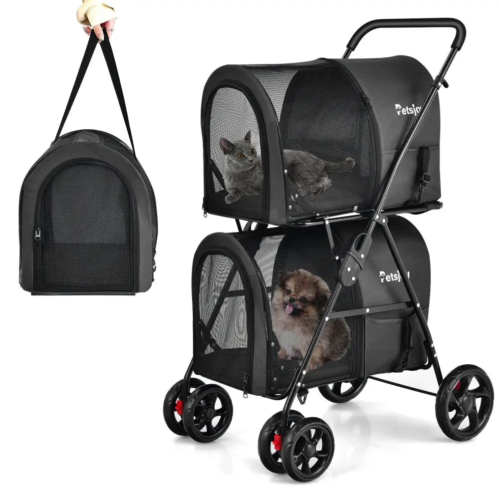 4-in-1 Double Pet Stroller with Detachable Carrier and Travel Carriage-Black - Black - Dog Supplies