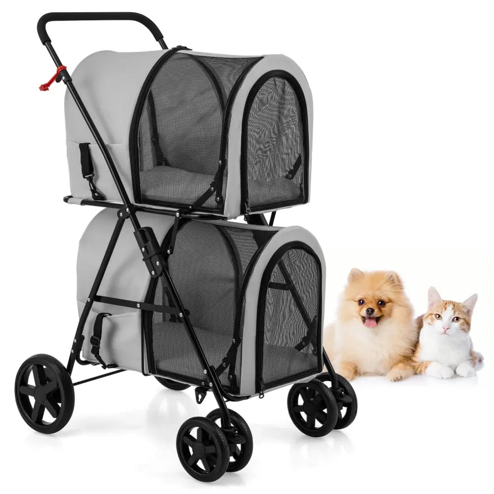 4-in-1 Double Pet Stroller with Detachable Carrier and Travel Carriage-Gray - Gray - Dog Supplies