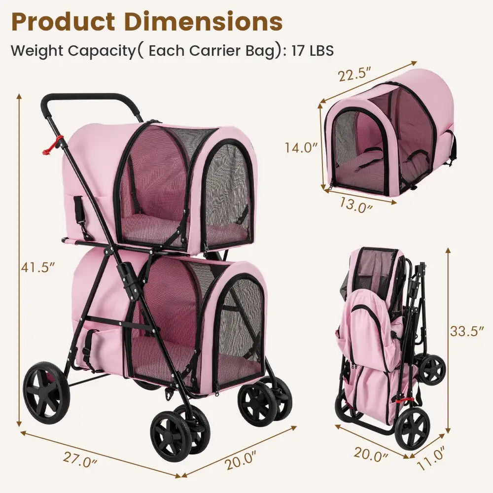4-in-1 Double Pet Stroller with Detachable Carrier and Travel Carriage-Pink - Pink - Dog Supplies