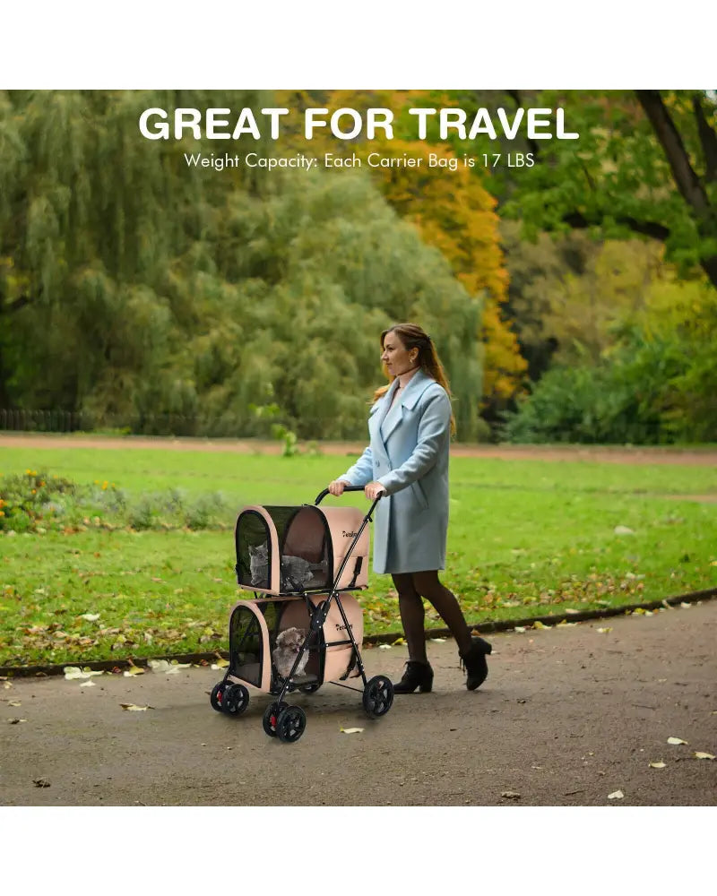 4-in-1 Double Pet Stroller with Detachable Carrier and Travel Carriage-Beige - Beige - Dog Supplies