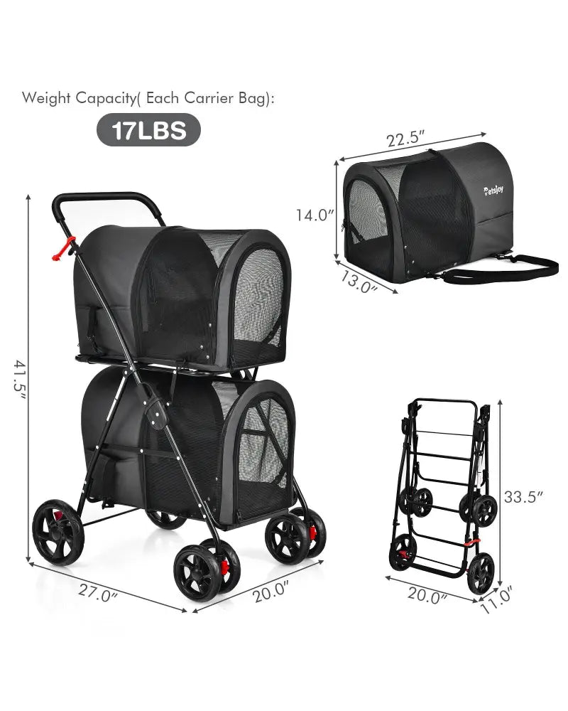 4-in-1 Double Pet Stroller with Detachable Carrier and Travel Carriage-Black - Black - Dog Supplies