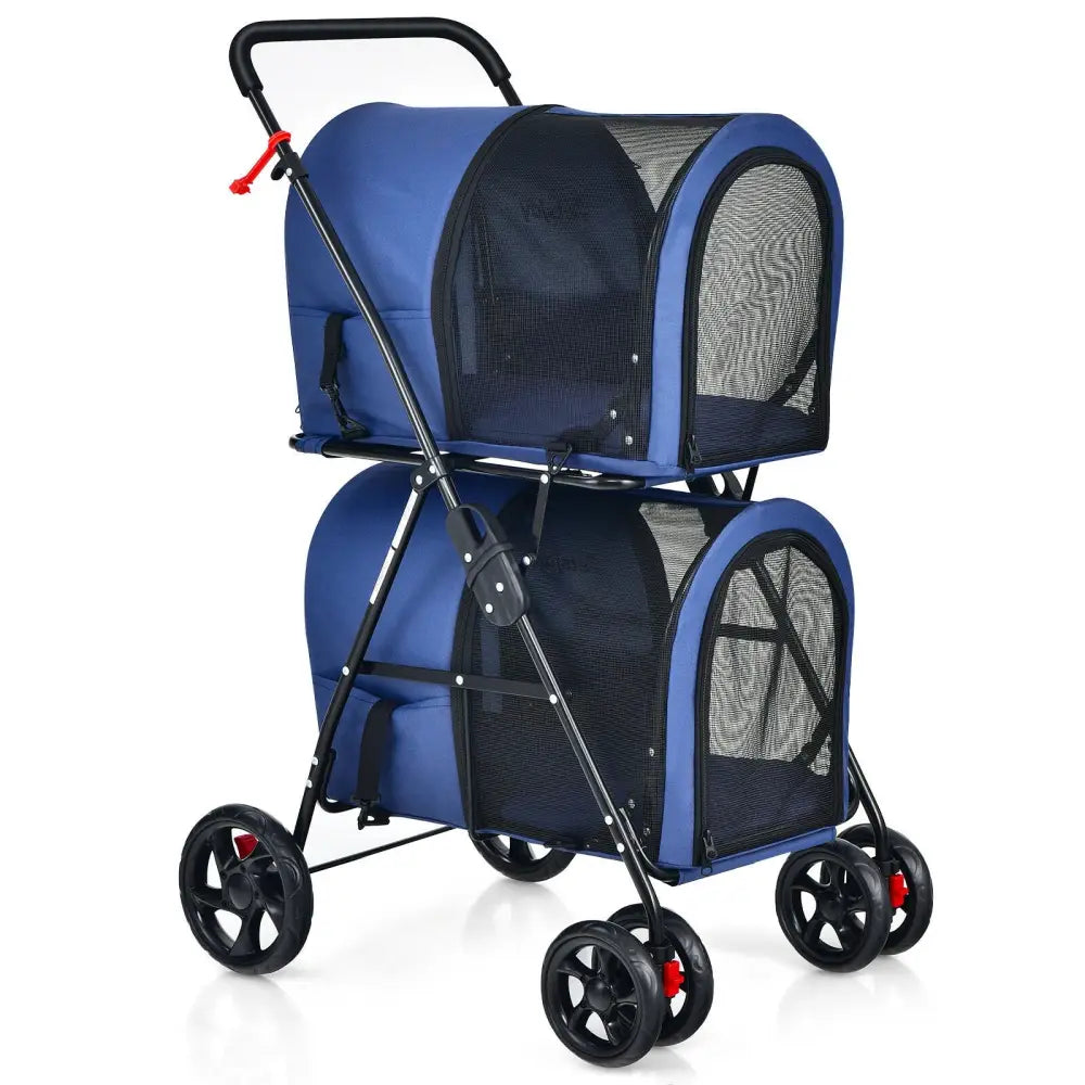 4-in-1 Double Pet Stroller with Detachable Carrier and Travel Carriage-Blue - Blue - Dog Supplies