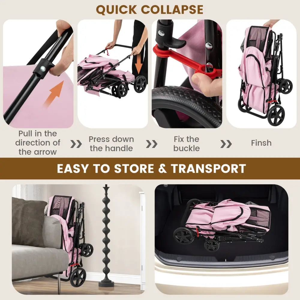4-in-1 Double Pet Stroller with Detachable Carrier and Travel Carriage-Pink - Pink - Dog Supplies