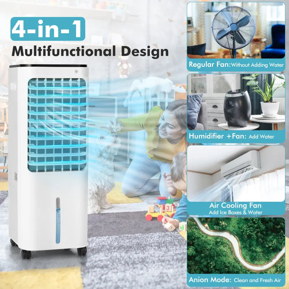 4-in-1 Evaporative Air Cooler with 12L Water Tank and 4 Ice Boxes-White - White - Air Coolers