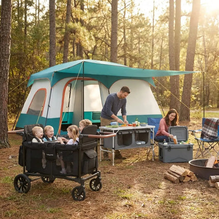 4-in-1 Family Camping Gear Set: Wagon Camping Table Cooler and Camping Tent - Camping