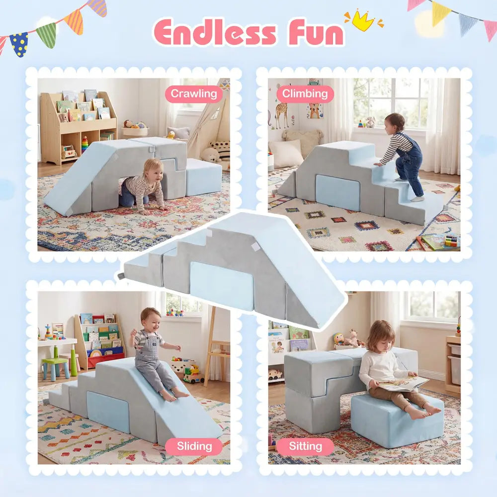 4-in-1 Foam Climbing Blocks Toddler Indoor Climb with Slide-Gray - Gray - Climbers & Slides