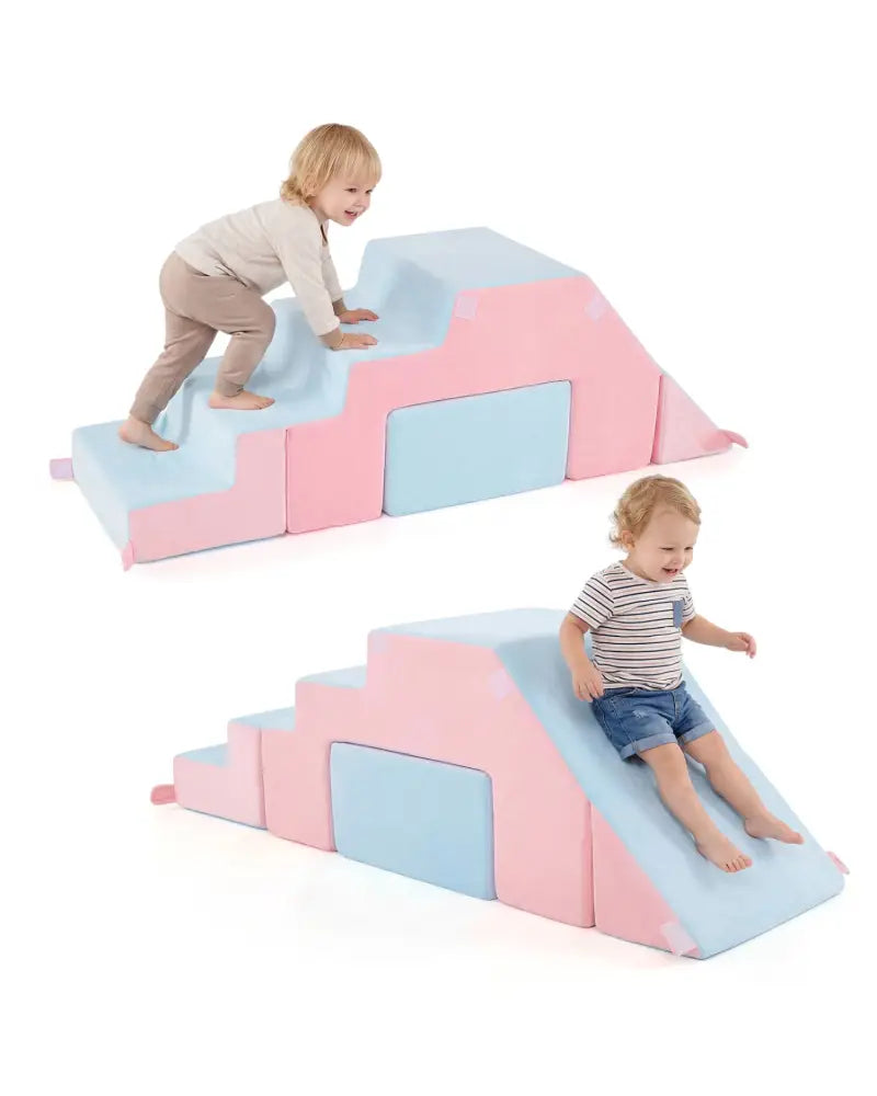 4-in-1 Foam Climbing Blocks Toddler Indoor Climb with Slide-Pink - Pink - Climbers & Slides