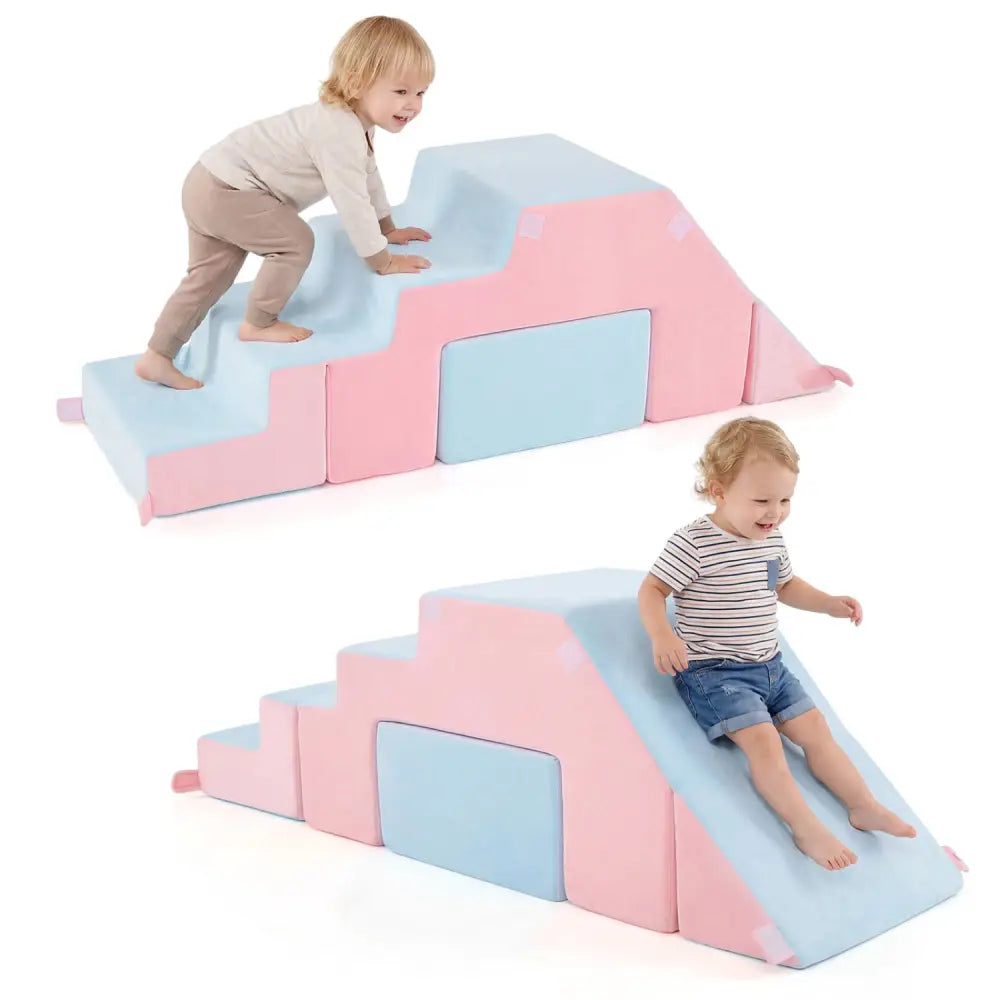 4-in-1 Foam Climbing Blocks Toddler Indoor Climb with Slide-Pink - Pink - Climbers & Slides