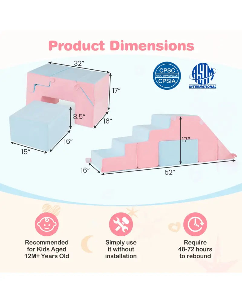 4-in-1 Foam Climbing Blocks Toddler Indoor Climb with Slide-Pink - Pink - Climbers & Slides