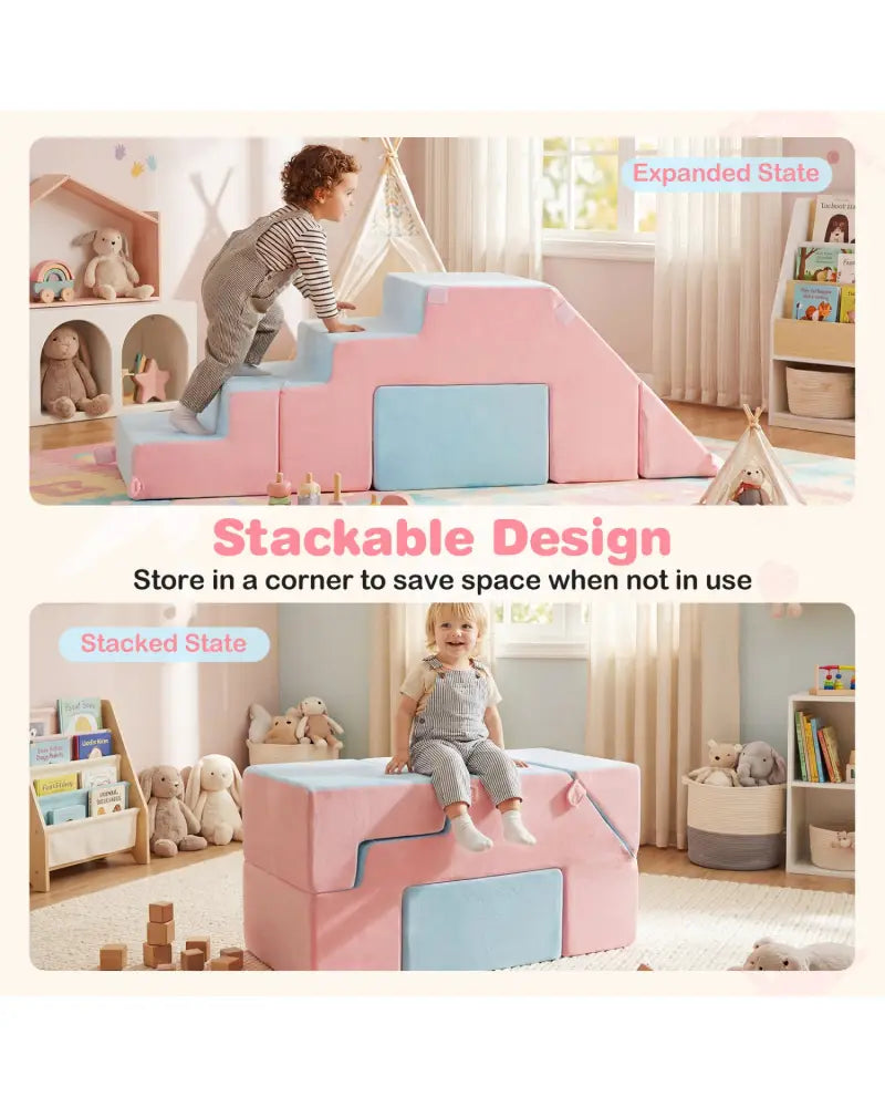 4-in-1 Foam Climbing Blocks Toddler Indoor Climb with Slide-Pink - Pink - Climbers & Slides